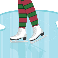  Women's ice skating on rink. Legs in red and green tights.