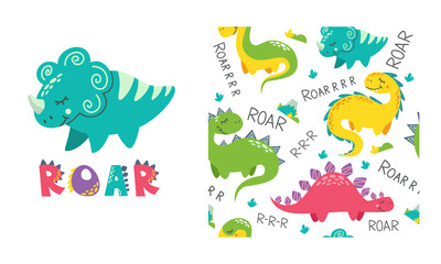Seamless vector pattern and print for children's products. Bright cute dinosaurs and Roar lettering. 