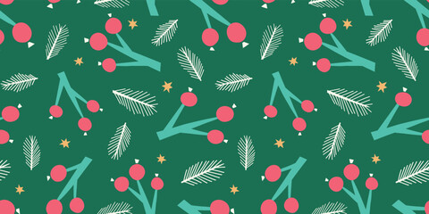 Christmas berry vector background border pattern. Festive foliage illustration.