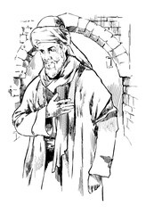 A hand-drawn illustration of a dervish saluting in front of an ancient arched stone building. Charcoal drawing technique or engraving.
