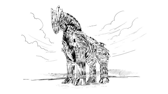 A hand drawn illustration showing a majestic stance of the Trojan horse. Charcoal drawing technique or engraving.