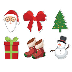Christmas theme colorful icons with Santa, christmas tree, ribbon, gift box, socks and snowman isolated on white