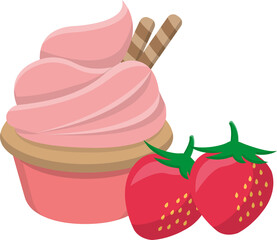 Cup cake strawberry flavor cartoon comic vector, menu design