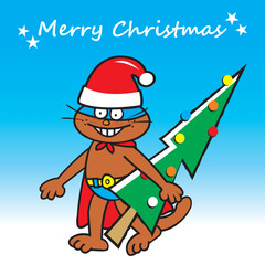 Santa Claus, cat with Christmas tree, Christmas card, funny vector illustration