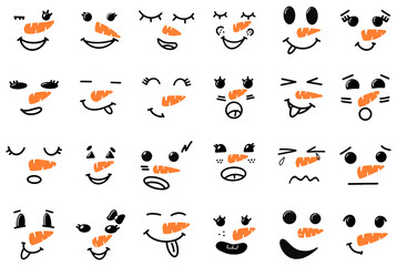 Cute snowman faces - vector collection. Vector Collection of Cute Snowman Faces. Cartoon Funny Doodle Snowman Head Face with Different Emotions Set. Winter Holidays, Christmas and New Year Design.