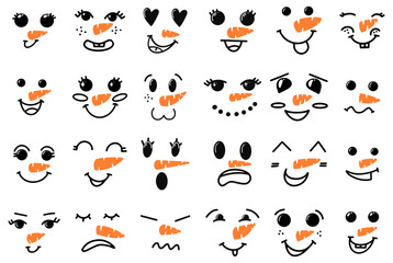 Cute snowman faces - vector collection. Vector Collection of Cute Snowman Faces. Cartoon Funny Doodle Snowman Head Face with Different Emotions Set. Winter Holidays, Christmas and New Year Design.