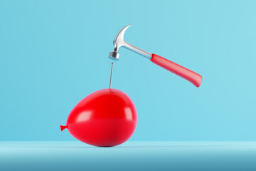 Danger, risk, tension, pressure, threat or bursting the bubble concepts. Hammer and nail is about to burst a red balloon.