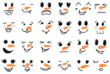 Cute snowman faces - vector collection. Vector Collection of Cute Snowman Faces. Cartoon Funny Doodle Snowman Head Face with Different Emotions Set. Winter Holidays, Christmas and New Year Design.