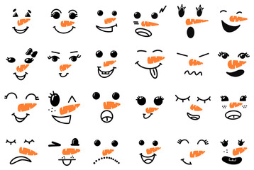 Cute snowman faces - vector collection. Vector Collection of Cute Snowman Faces. Cartoon Funny Doodle Snowman Head Face with Different Emotions Set. Winter Holidays, Christmas and New Year Design.