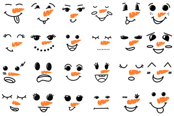 Cute snowman faces - vector collection. Vector Collection of Cute Snowman Faces. Cartoon Funny Doodle Snowman Head Face with Different Emotions Set. Winter Holidays, Christmas and New Year Design.