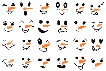 Cute snowman faces - vector collection. Vector Collection of Cute Snowman Faces. Cartoon Funny Doodle Snowman Head Face with Different Emotions Set. Winter Holidays, Christmas and New Year Design.