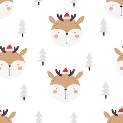 holiday seamless pattern with deer, decorative elements. Merry Christmas. Colorful vector, flat style. design for fabric, print, wrapper