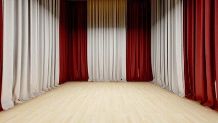 red white curtain background with minimal style and spot light. Blank stand for showing product. 3D rendering