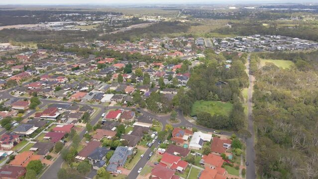 Aerial drone view of Voyager Point in South West Sydney, NSW Australia showing development of housing and parks  