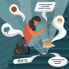 Teenage girl in depression and crying after reading comments and hate messages in her phone. Online cyberbullying concept vector poster. Cyber harassment, hate and abuse messages in social media