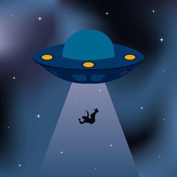 badge, sticker, illustration with flying saucer, UFO and kidnapping human on dark gradient background with stars.