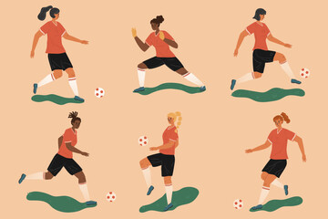 Women's football players control the ball, characters vector set. Female soccer players isolated figures with ball. Girls kicking the ball and making tricks
