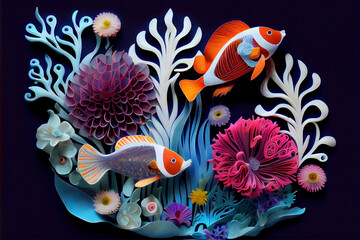 Fototapeta na wymiar Paper Cut Design of Colorful Underwater World. Generative AI