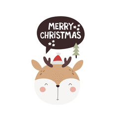 merry Christmas. cartoon deer, hand drawing lettering. holiday theme. Colorful vector illustration, flat style. design for greeting cards, print, poster
