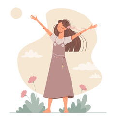 Happy cartoon young woman enjoys life in a bliss. Vector tender summer illustration. Cute barefoot girl in a sundress.