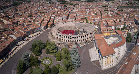 Aerial panorama of the historic city center of Verona, Italy. Aerial view of the Arena di Verona, Italy.