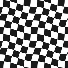 Groovy psychedelic wavy chessboard seamless pattern. Hippie twisted gingham checkerboard background. Checker retro psychedelic seamless texture. Vector illustration isolated on white background.