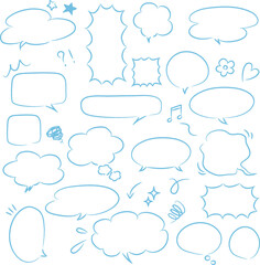 イラスト素材：手描きの吹き出し　背景は透過でセリフ部分は白ベタ　線は水色の筆ペン(透過背景)
