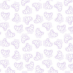 doodle pattern, background with croissants for a cafe, cafeteria, bakery on a light background with purple, lilac lines