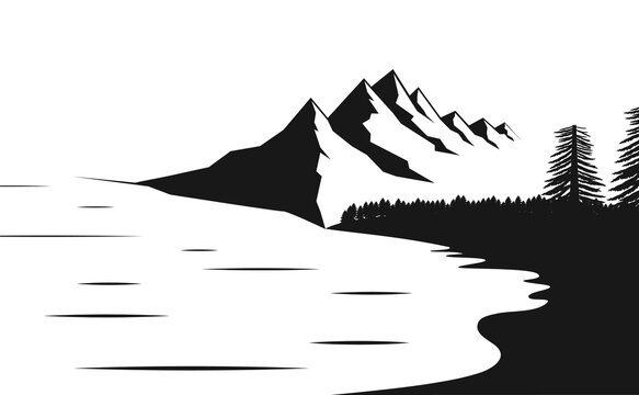 Mountain peak lake forest trees landscape. Black and white negative space vector background