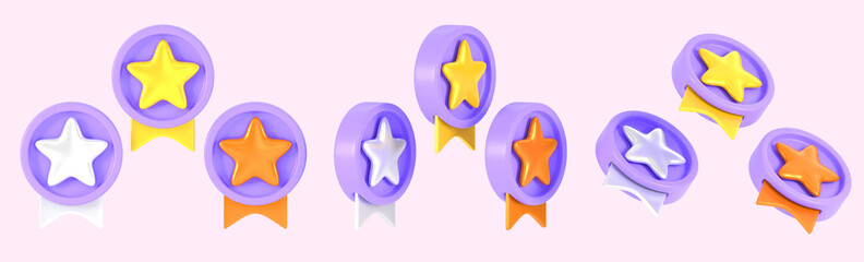 Circle badges, purple award medals with golden, silver, bronze stars and ribbons 3d render. Game trophy, bonus or winner prize isolated on pink background. Cartoon icons set