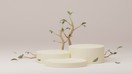 3d background products minimal podium scene podium products display background with leaf geometric platform.Wood podium and wooden slats background.3d rendered.3d stage showcase on pedestal display.