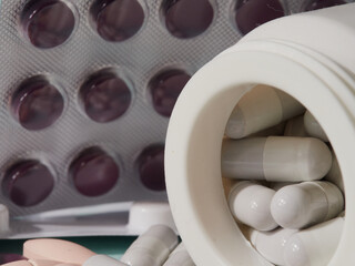 Various medications: pills, blister pack pills, medications, macro, selective focus, copy space