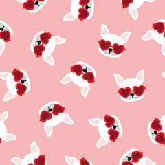 Pink seamless pattern with white dogs wearing red heart shaped sunglasses