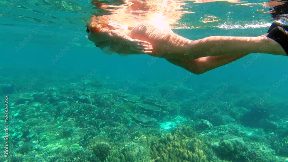 Poster Swimming, ocean and underwater woman snorkeling for nature sea adventure, freediving travel or journey in Bali Indonesia. Coral, salt water and bikini diver scuba diving for sports fitness exercise