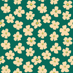 Seamless background with cherry blossom pattern on green fabric. Vector illustration. Wrapping paper pattern.