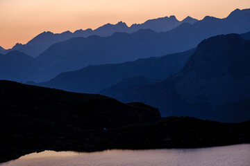 first light in the morning front Midi d Ossau,  Gentau lake, Ayous lakes tour, Pyrenees National Park, Pyrenees Atlantiques, France