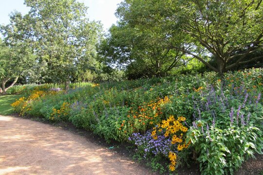 Beautiful park with a lake and different flowers on a sunny day