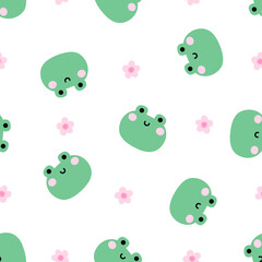 Seamless pattern with frogs and pink flowers