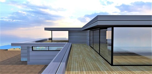 Fototapeta premium Aesthetic wooden covering of the terrace on the second floor of a private elite house. Mirrored panoramic doors as high as a wall. 3d rendering.