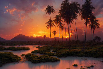 A tropical beach desert oasis, tropical flowers and trees