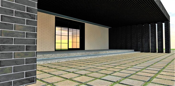Awesome design of the contemporary porch. Glass entry door anf granit steps. Concrete slabs as a pavement. Black brick tile as a wall covering. 3d rendering.