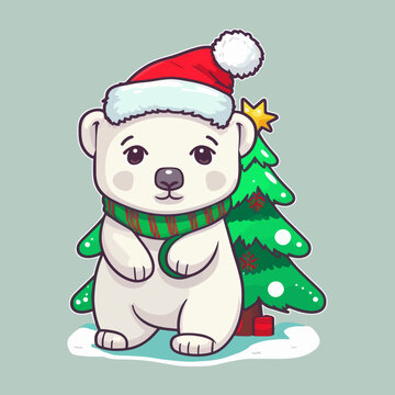 cute baby bear cartoon animal portrait sticker design. Winter holiday card on white background. New year decoration, merry christmas elements