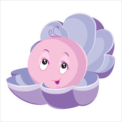 Obraz na płótnie Canvas cute pearl with big eyes sits in a shell, cartoon illustration, isolated object on a white background, vector,