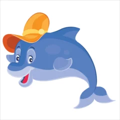 Foto op Plexiglas character, cute blue dolphin in yellow hat, cartoon illustration, isolated object on white background, vector, © Oxana Kopyrina