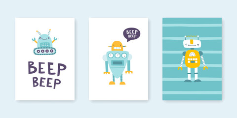 Prints set with cute robots for kids. Poster collection for nursery with doodle robots. Silly vector robots.