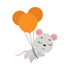 Cute little mouse flying on balloons. Cartoon animal character for kids t-shirts, nursery decoration, baby shower, greeting card, invitation, house interior. Vector stock illustration