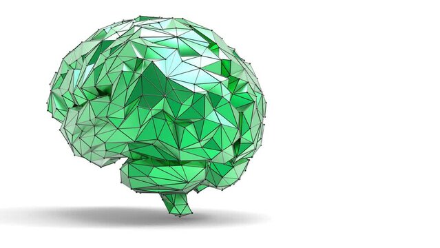 Rotation metallic green polygonal human brain on white background. Low poly black wire frame mesh and dot. Concept 3D CG of knowledge network of mankind, inspiration for invention and explosive ideas.