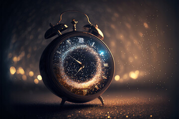 New Year's at midnight - Old clock with magic holiday lights