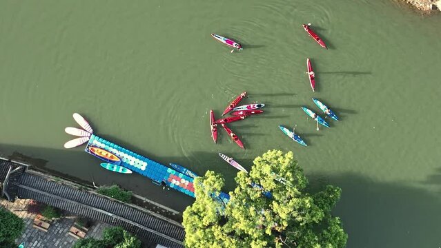 Kayak training on the river. boats on the river
