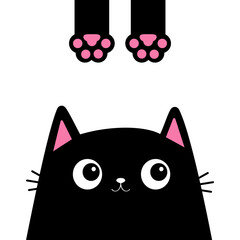 Cat face head looking up. Hanging body paw print. Black funny kitten. Cute kawaii animal. Baby card. Notebook cover. Sticker print. Cartoon pet. Flat design. White background.